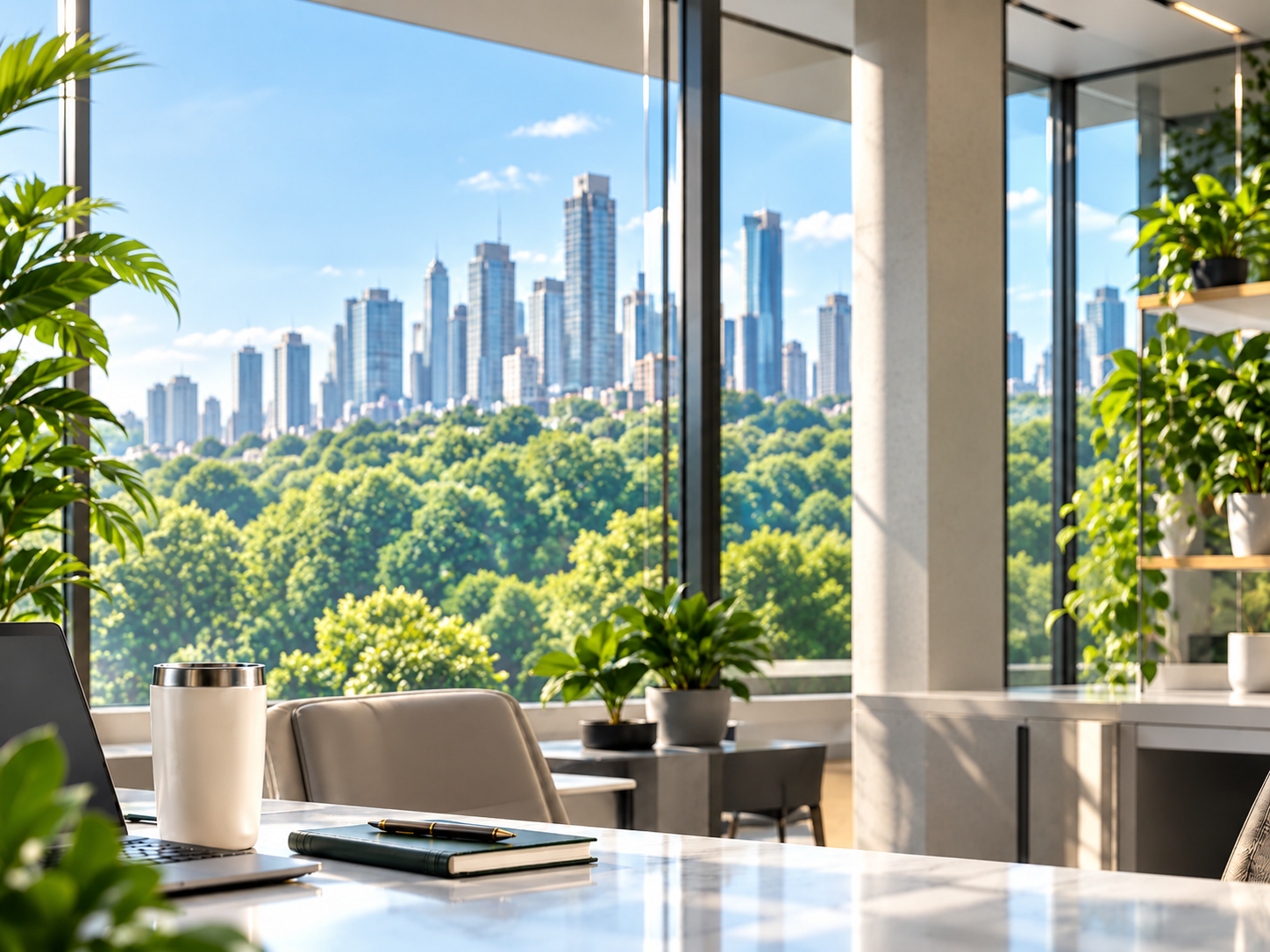 Oficina moderna con plantas y vista a un parque arbolado frente al horizonte de la ciudad